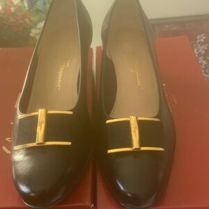 Salvatore Ferragamo Black Flats with Gold Buckle